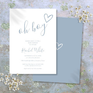 Invitation Fête de bébé Oh Boy Cœur Bleu Poussiéreux Minimali