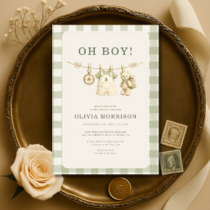 Invitation Fête de bébé Oh Boy Woodland Teddy Bear Clotheslin