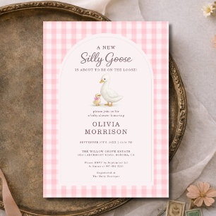 Invitation Fête de Bébé Oie Folle Rose à Carreaux