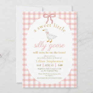 Invitation Fête de Bébé Oie Folle Rose Blush à Carreaux