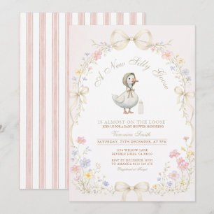 Invitation Fête de Bébé Oie Sauvage Fleur Rose Ivoire