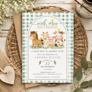 Invitation Fête de Bébé Oink Moo Vert Gingham Animaux de Ferm