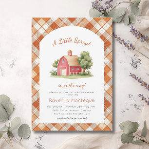 Invitation Fête de Bébé Orange Gingham Red Barn Little Sprout