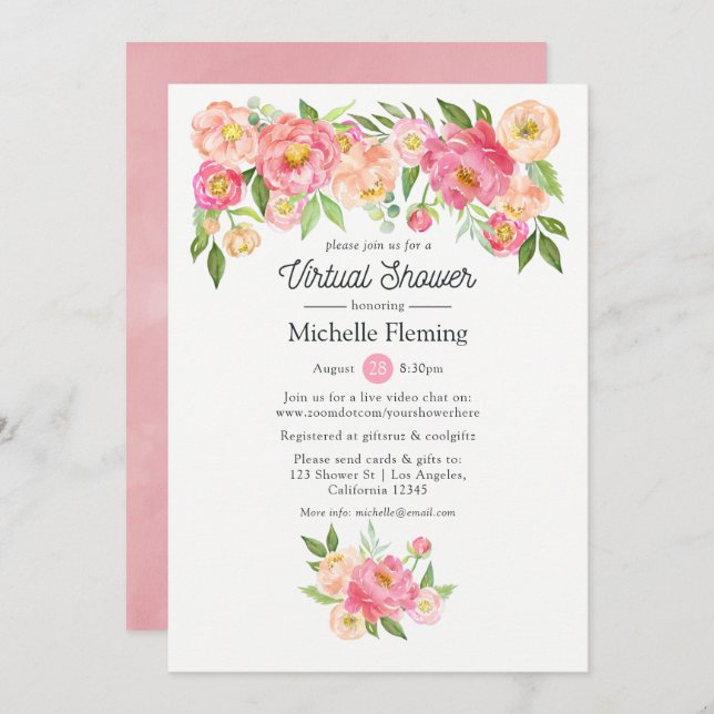 Invitation Fête de Bébé ou de Mariage Virtuelle aux Fleurs Ro (Devant / Derrière)