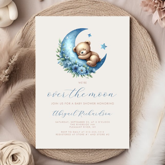 Invitation Fête de Bébé Ourson Aquarelle Bleu Lune Garçon (Créateur téléchargé)
