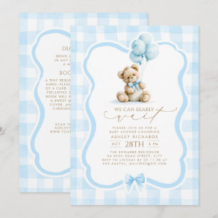 Invitation Fête de bébé Ourson Bleu Gingham Tout en Un