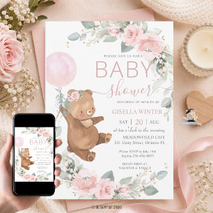 Invitation Fête de bébé ourson en peluche rose floral