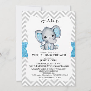Invitation Fête de bébé pailletée Chevron Eléphant Bleu Virtu