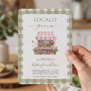 Invitation Fête de Bébé Panier de Fleurs en Gingham Sauge Cul