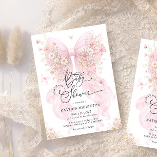Invitation Fête de Bébé Papillon Fleur Sauvage Ruban Rose Blu