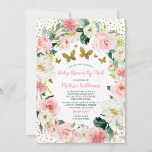 Invitation Fête de Bébé Papillon Floral Or Rose Par Courrier