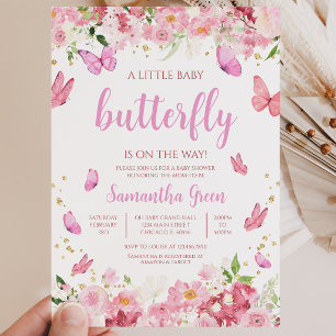 Invitation Fête de bébé papillon floral rose