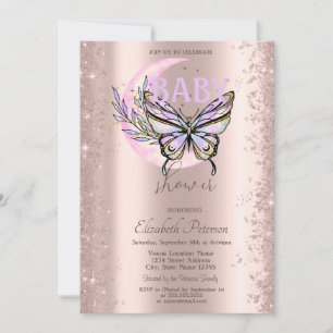 Invitation Fête de Bébé Papillon Lune Paillettes Or Rose