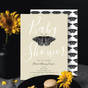Invitation Fête de bébé papillon pailleté noir élégant crème