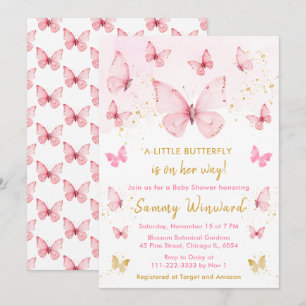 Invitation Fête de bébé Papillon Rose et Or