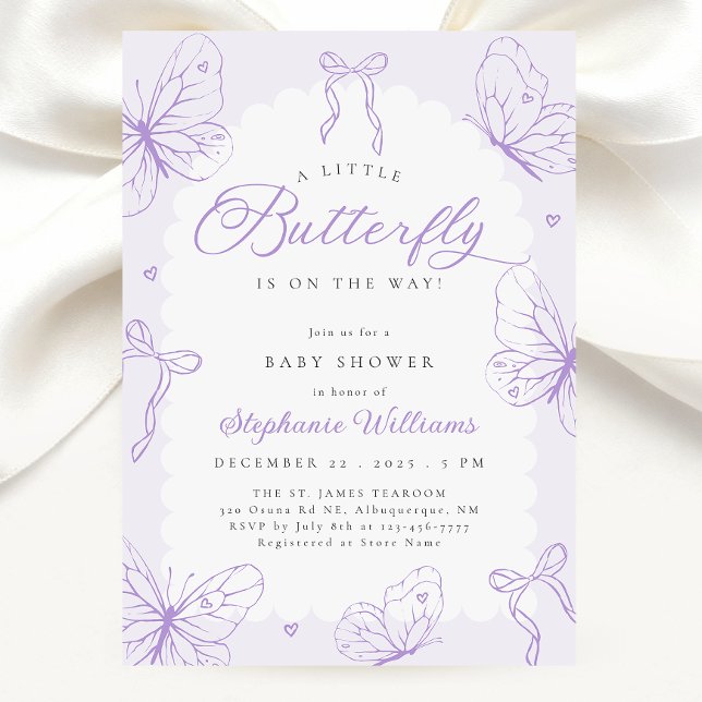 Invitation Fête de Bébé Papillons Violets & Rubans (Créateur téléchargé)
