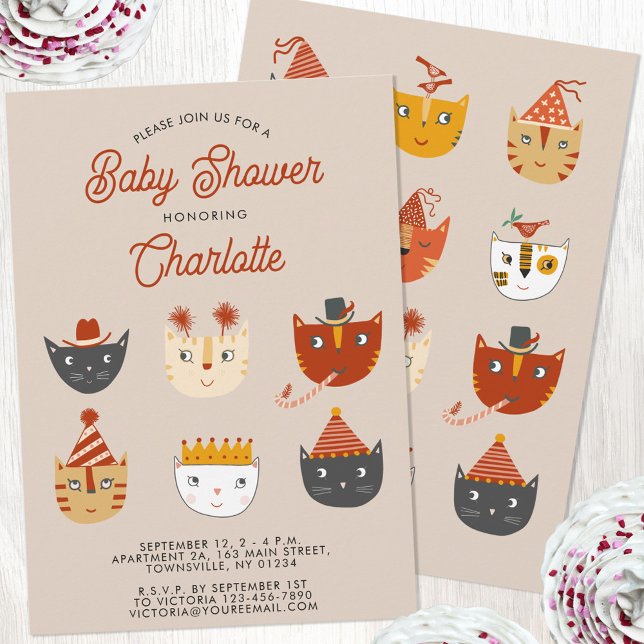 Invitation Fête de Bébé Personnalisée Chat Amusant (Personalized cute kitty cat gendern neutral boy or girl baby shower invitation)
