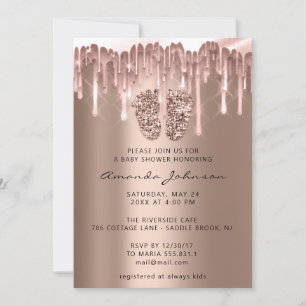 Invitation Fête de Bébé Pieds Paillettes Rose Fardée Goutte G
