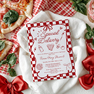 Invitation Fête de bébé pizza italienne rouge « Livraison spé