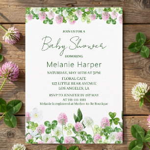 Invitation Fête de Bébé Prairie de Trèfle à l'Aquarelle