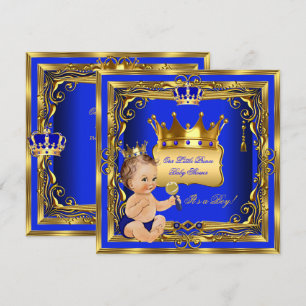 Invitation Fête de bébé Prince Brunette Clair Garçon Bleu Or