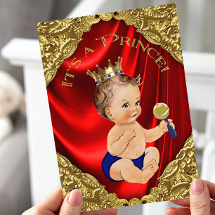 Invitation Fête de bébé Prince Satin Rouge Royal Bleu Or