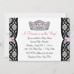 Invitation Fête de bébé Princesse Rose Damassé Noir et Rose