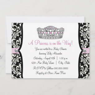 Invitation Fête de bébé Princesse Rose Damassé Noir et Rose