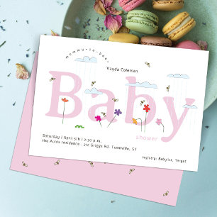 Invitation Fête de Bébé Printanière Gros Bébé Rose Abeille