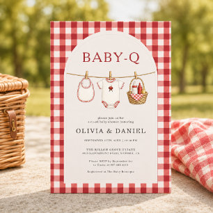 Invitation Fête de bébé Q tenue à carreaux rouges pour couple