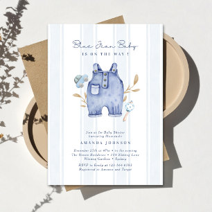 Invitation Fête de Bébé Rayures Bleu Jean Moderne 