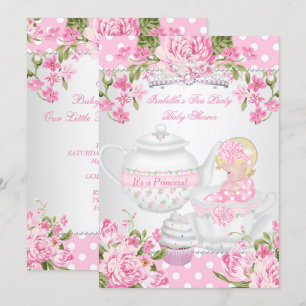 Invitation Fête de bébé rétro avec fille blonde et thé rose