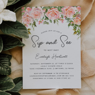 Invitation Fête de Bébé Rose Égayer Floral Sip and See