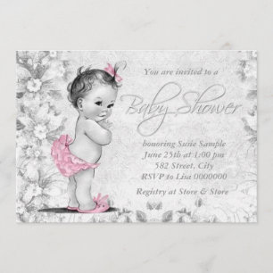 Invitation Fête de bébé rose et gris vintage adorable