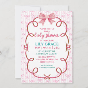 Invitation Fête de Bébé Ruban Rose Fantaisiste & Perle