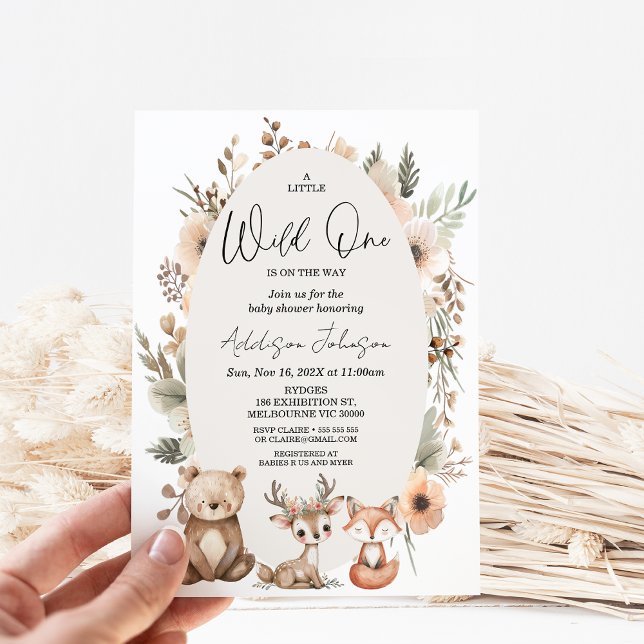 Invitation Fête de bébé Rustique Beige Wild One en forêt (Fall Woodland Wild One Baby Shower Invitation, Gender Neutral, Autumn Woodland Baby Shower Invite)