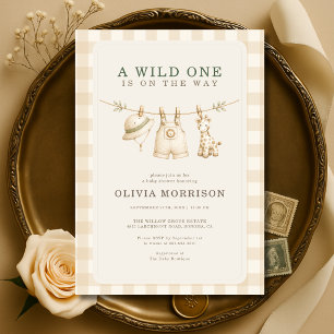 Invitation Fête de bébé Safari Wild One sur un fil à linge à