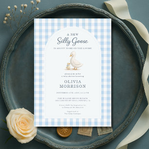 Invitation Fête de bébé Silly Goose Blue Gingham