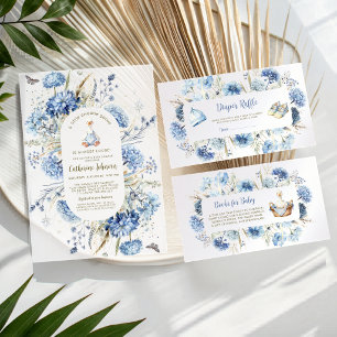Invitation Fête de Bébé Silly Goose Floral Gingham Bleu