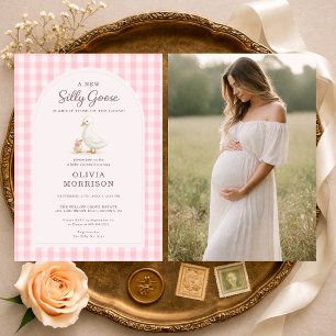 Invitation Fête de Bébé Silly Goose Rose à Carreaux
