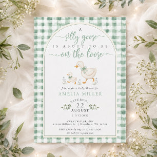 Invitation Fête de Bébé Silly Goose sur Gingham Vert en Liber
