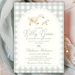 Invitation Fête de bébé Silly Goose Vert Sauge Gingham Neutre