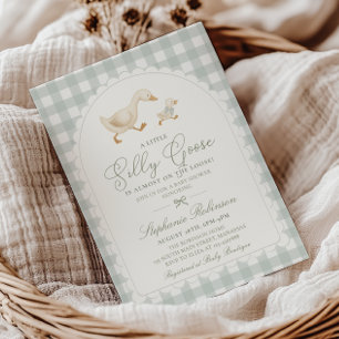 Invitation Fête de bébé Silly Goose Vert Sauge Gingham Neutre