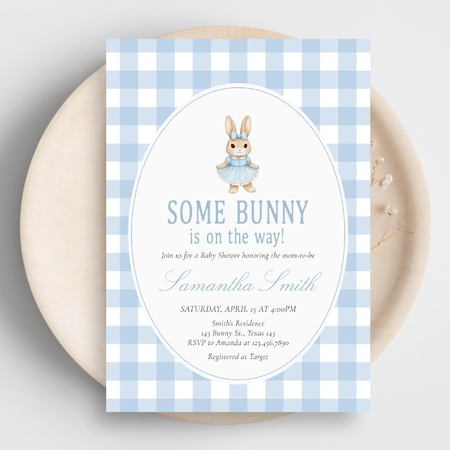 Invitation Fête de Bébé Somebunny (Gingham Little Bunny Baby Shower Invitation)