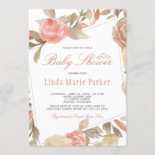 Invitation Fête de bébé thème Rose Pêche Crème Florale