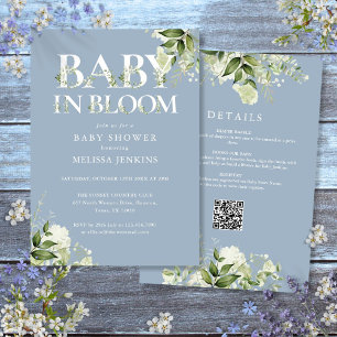 Invitation Fête de bébé tout-en-un Blue Baby In Bloom Greener