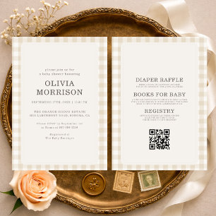 Invitation Fête de bébé tout en un gingham beige