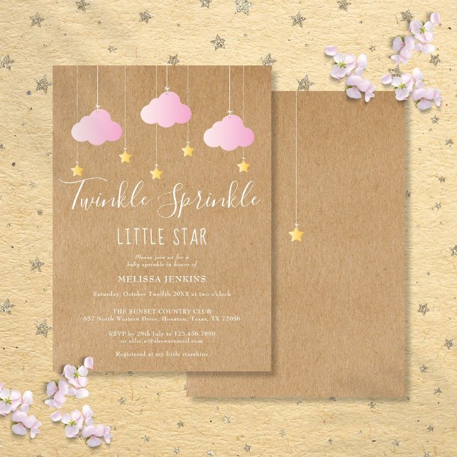 Invitation Fête de bébé Twinkle Sprinkle Rose Kraft Rustique (Twinkle Sprinkle Baby Shower Pink Rustic Kraft Invitation)