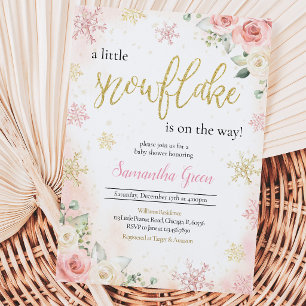 Invitation Fête de bébé "Un Petit Flocon de Neige" Rose 