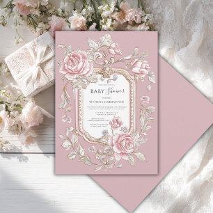 Invitation Fête de bébé vintage aux roses roses florales